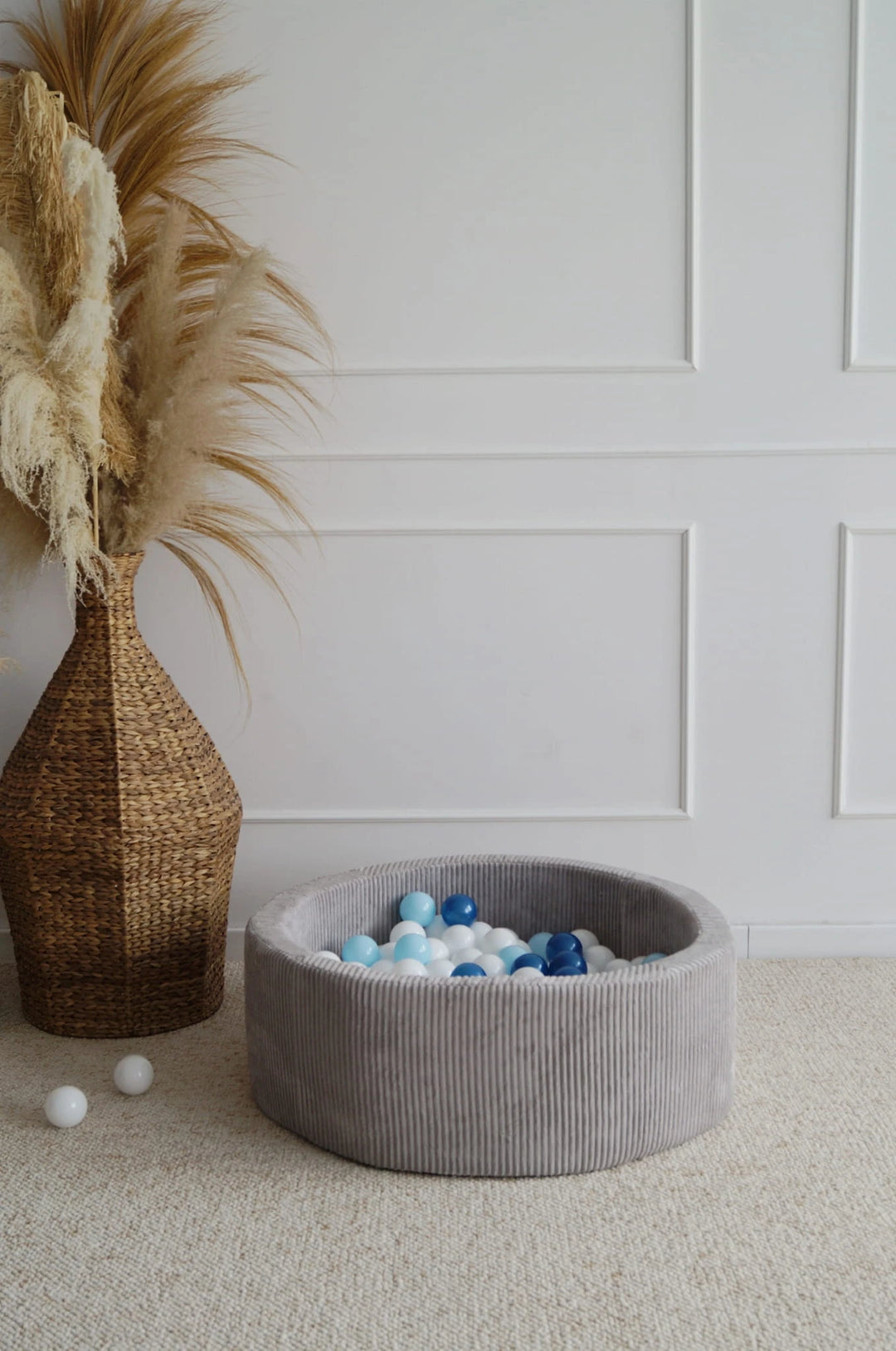 Monio for Kids Grey Corduroy Round Ball Pit — lifestyle image with neutral background