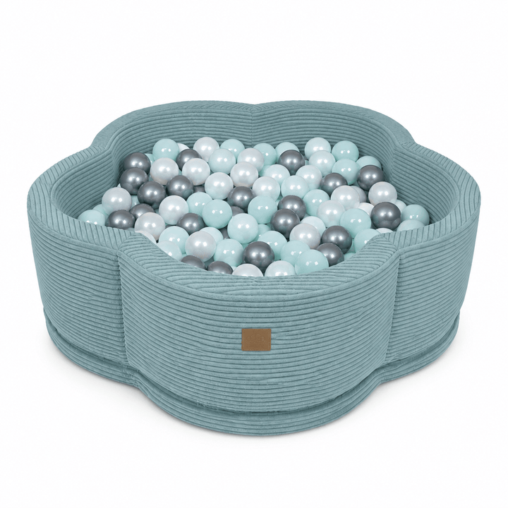MeowBaby Turquoise Aesthetic Flower ball pit, petal-shaped foam ball pit with dusty teal ribbed corduroy-style cover