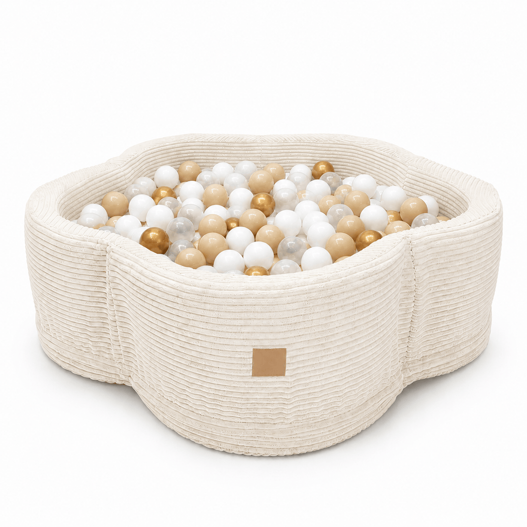 MeowBaby Vanila Aesthetic Flower ball pit, petal-shaped foam ball pit with pale cream ribbed corduroy-style cover