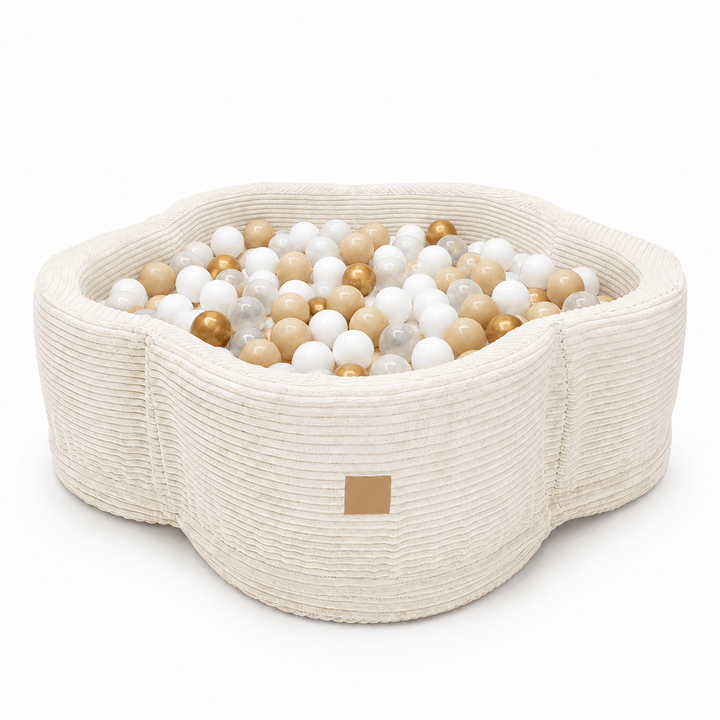 MeowBaby Vanila Aesthetic Flower ball pit, petal-shaped foam ball pit with pale cream ribbed corduroy-style cover