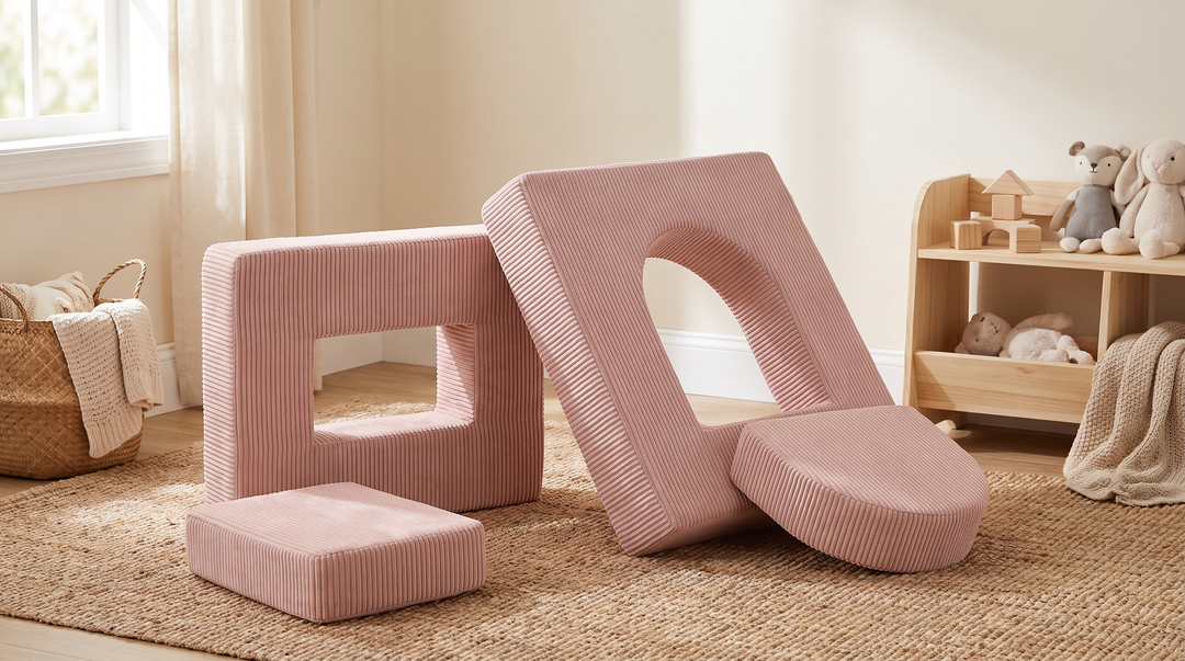 MeowBaby Aesthetic Play Arch in Powder Pink corduroy used freestanding in a cosy nursery corner
