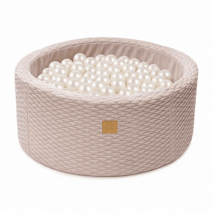 MeowBaby Dune foam round ball pit with quilted dusty rose-beige cover