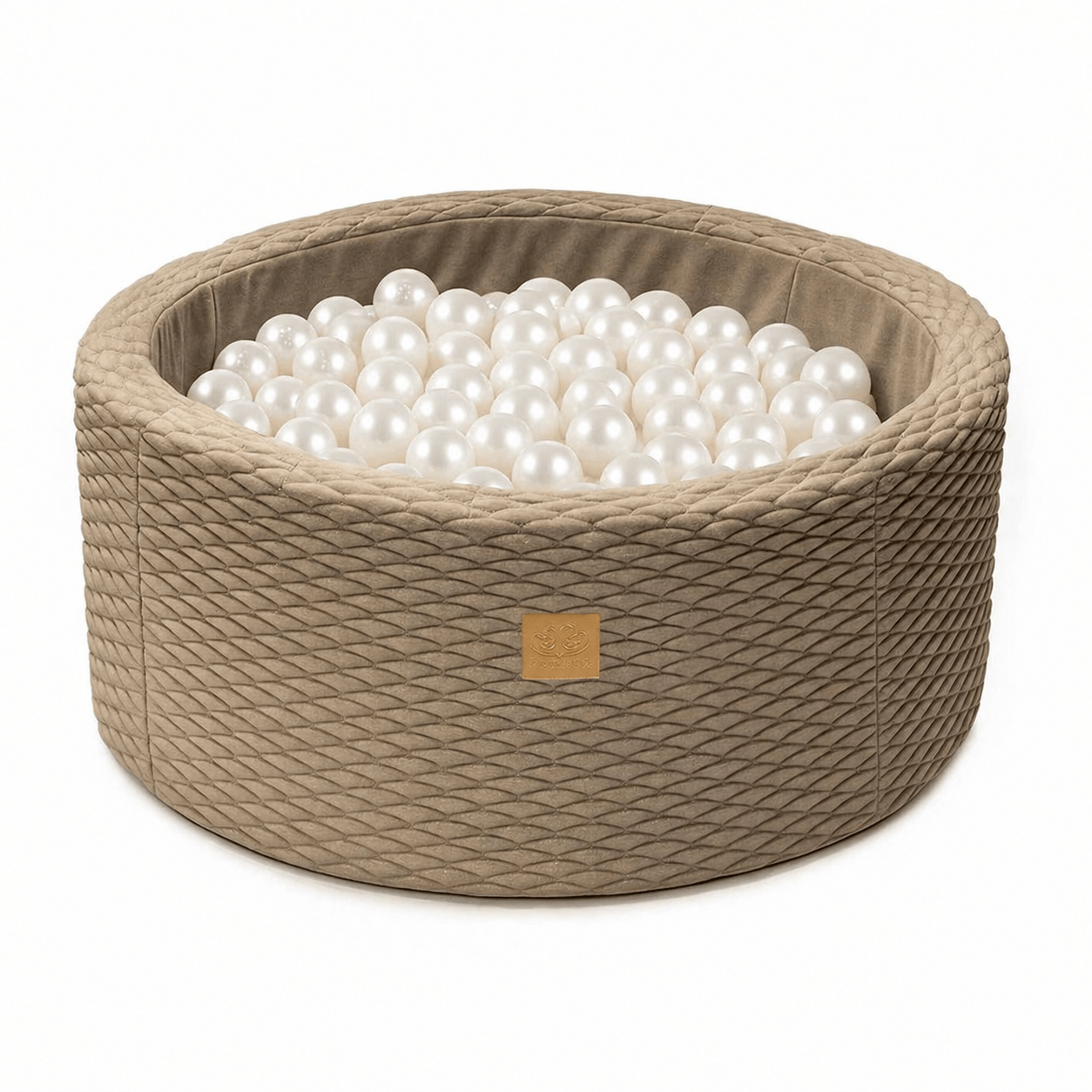 MeowBaby Silver Cloud foam round ball pit with quilted warm sandy-neutral cover