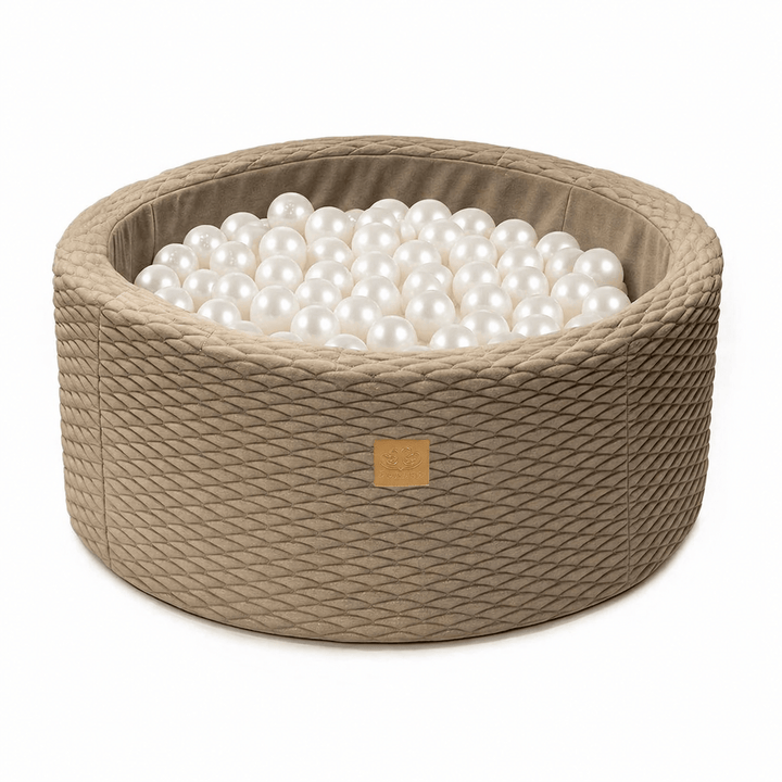 MeowBaby Silver Cloud foam round ball pit with quilted warm sandy-neutral cover