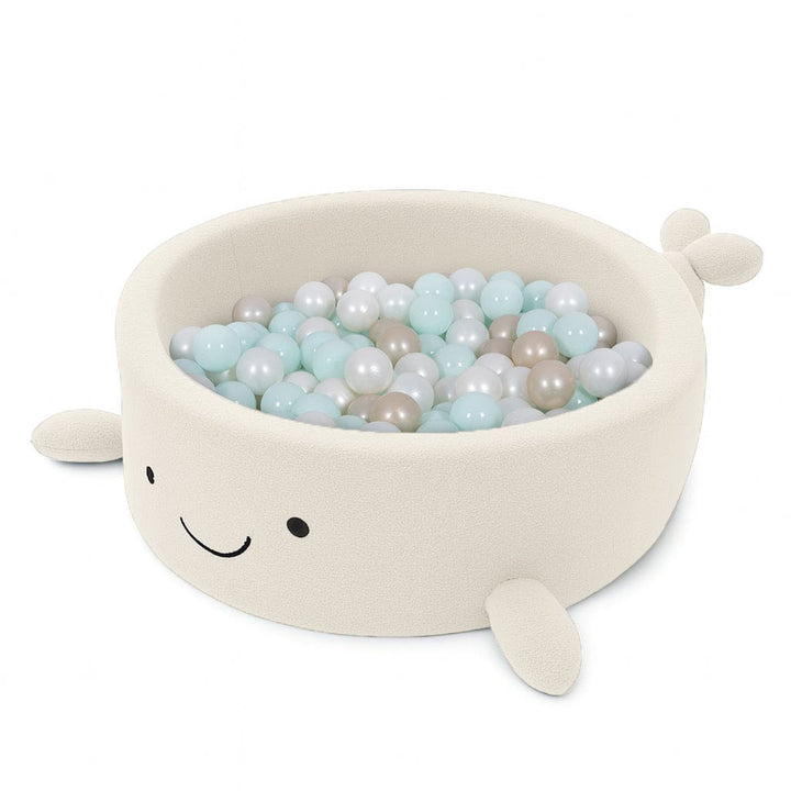 MeowBaby Cheesecake Cream Beige boucle whale ball pit, front view of the fins and tail