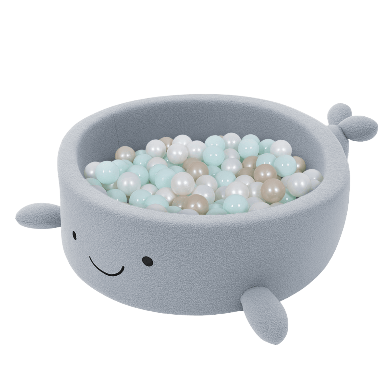 MeowBaby Dusty Ice Blue boucle whale ball pit, front view of the fins and tail