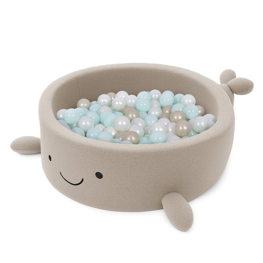 MeowBaby Oat Biscuit Beige boucle whale ball pit, front view of the fins and tail