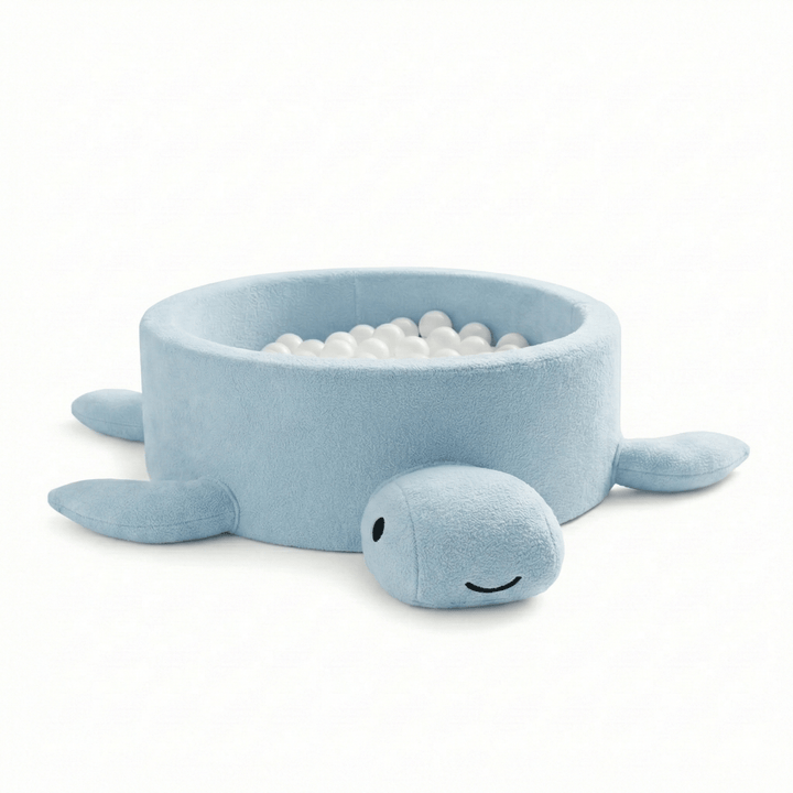 MeowBaby Dusty Ice Blue boucle turtle ball pit, front view of the shell and flippers