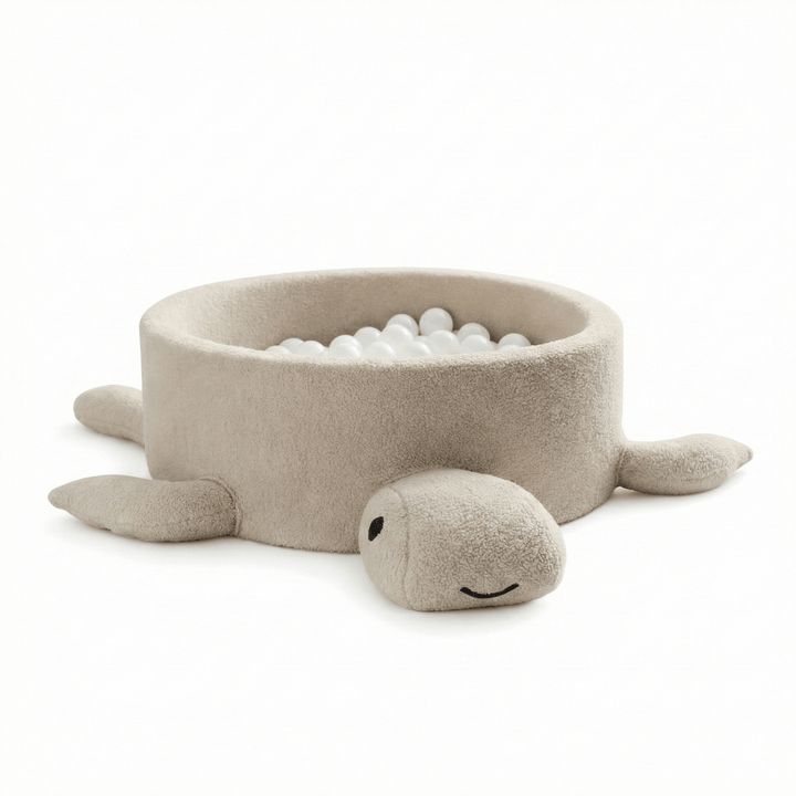 MeowBaby Oat Biscuit Beige boucle turtle ball pit, front view of the shell and flippers