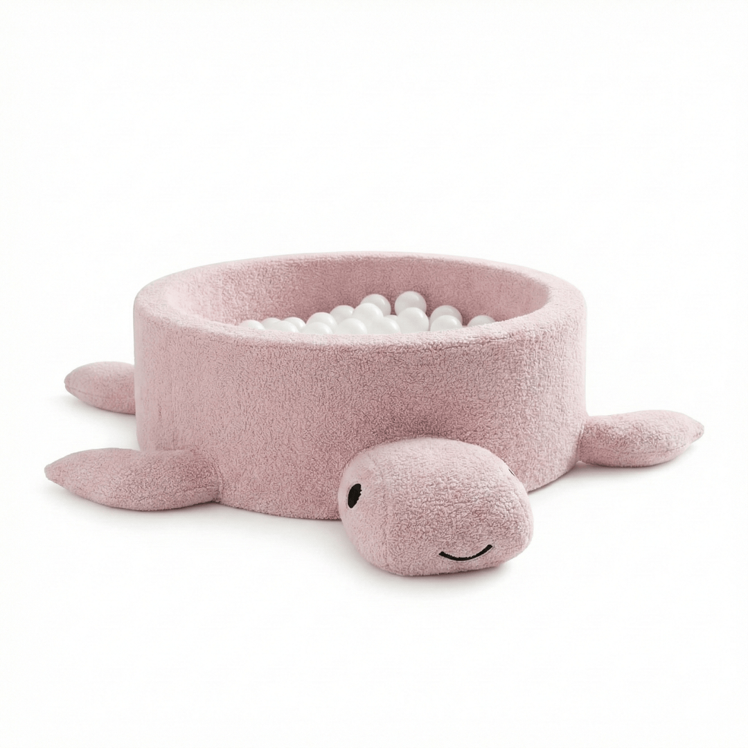 MeowBaby Raspberry Glaze Pink boucle turtle ball pit, front view of the shell and flippers