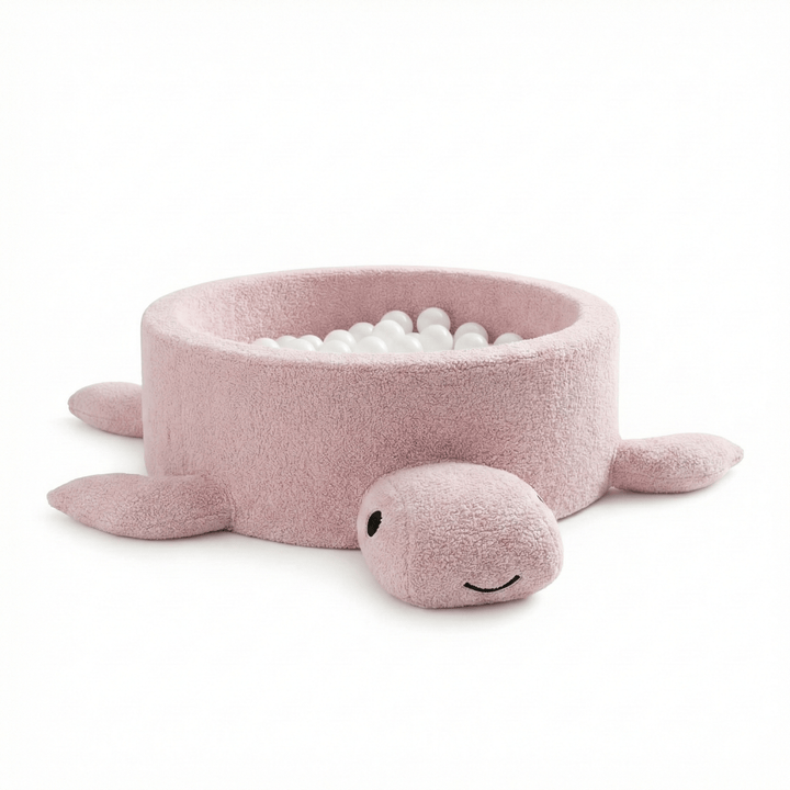 MeowBaby Raspberry Glaze Pink boucle turtle ball pit, front view of the shell and flippers