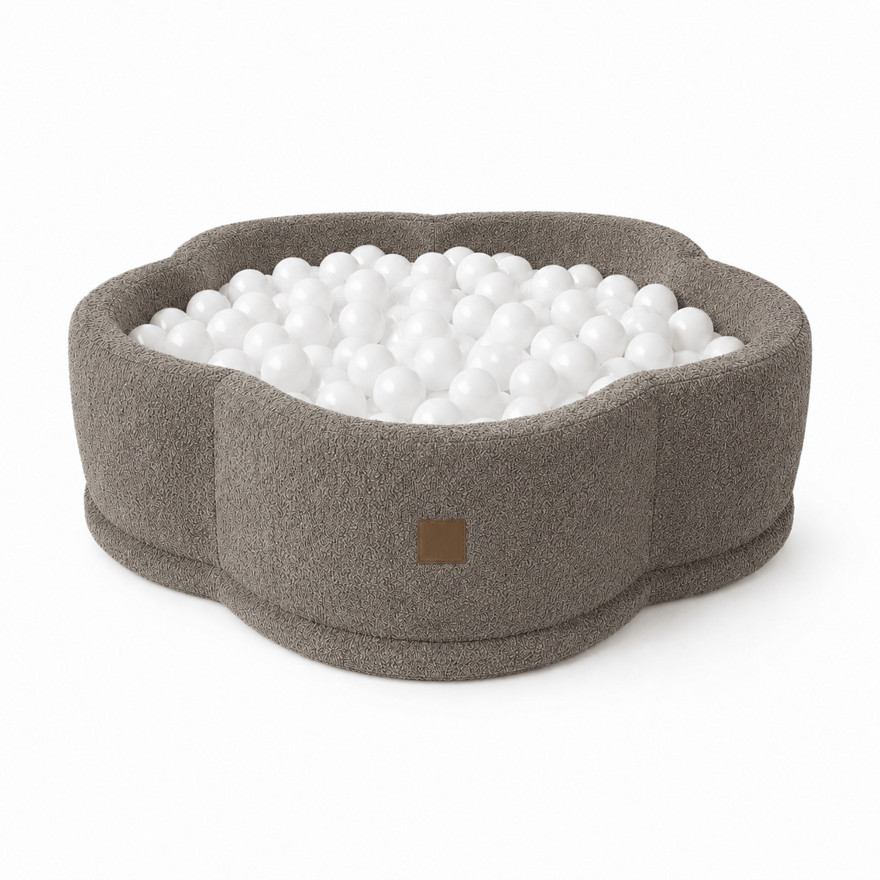 MeowBaby Tan Beige Boucle Flower ball pit, petal-shaped foam ball pit with warm taupe looped bouclé fabric cover