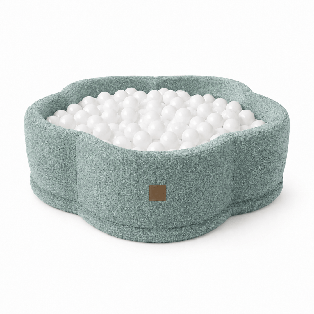 MeowBaby Fresh Mint Boucle Flower ball pit, petal-shaped foam ball pit with muted sage looped bouclé fabric cover