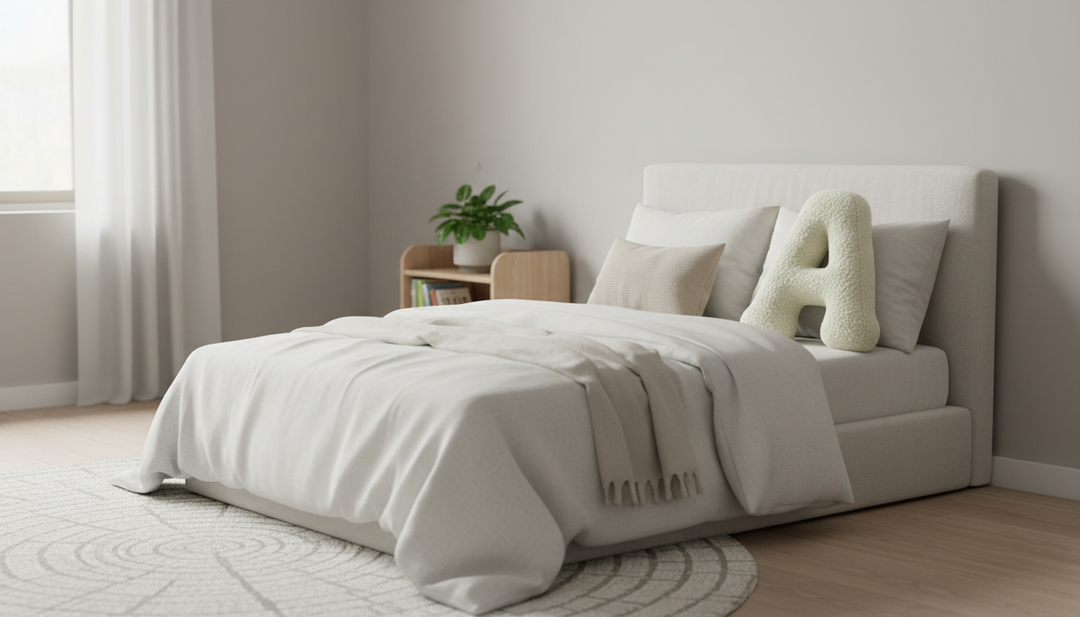 MeowBaby Cream Teddy Letter Cushion propped against pillows on a made toddler bed
