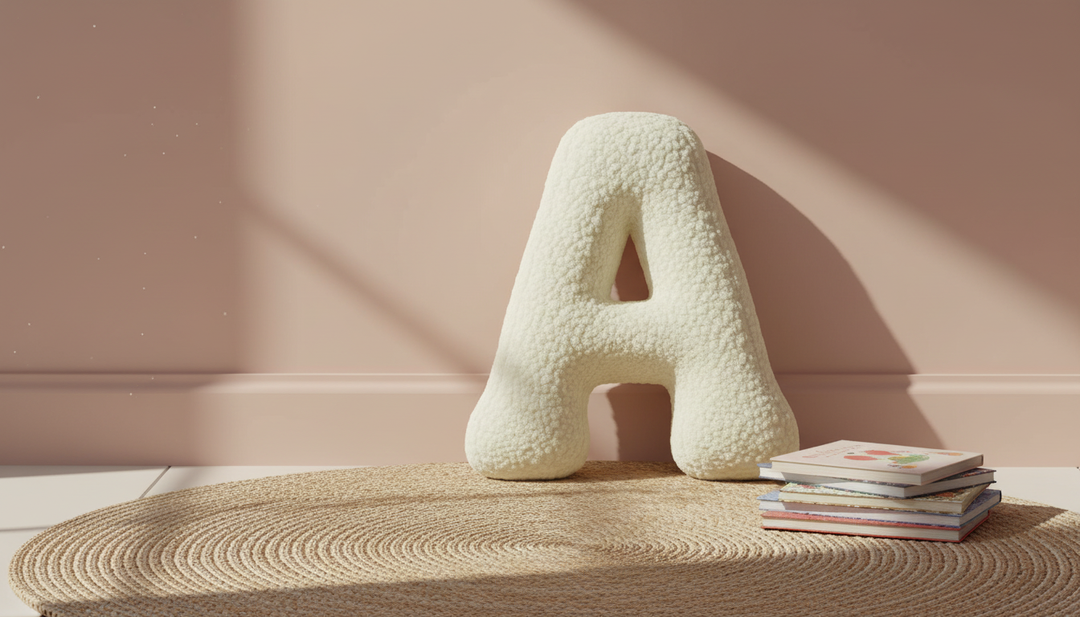 MeowBaby Cream Teddy Letter Cushion in a reading nook on a jute rug beside picture books