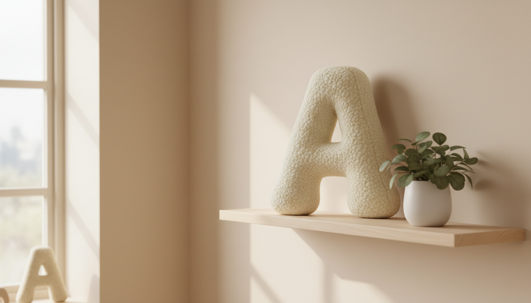MeowBaby Cream Teddy Letter Cushion styled on a nursery shelf beside a potted plant