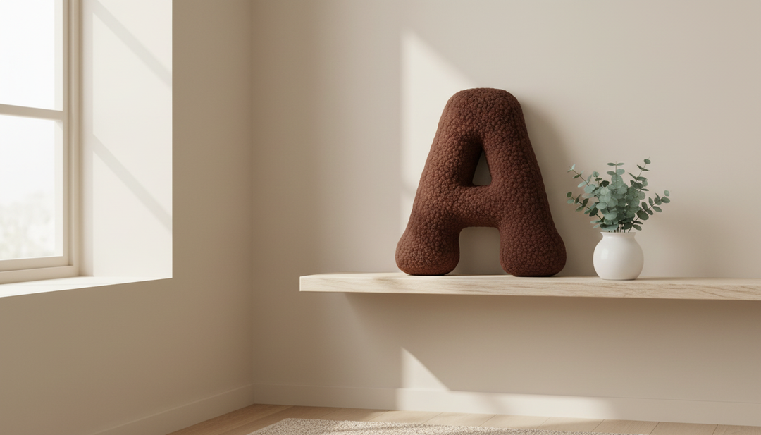 MeowBaby Dark Brown Teddy Letter Cushion styled on a nursery shelf beside a potted plant