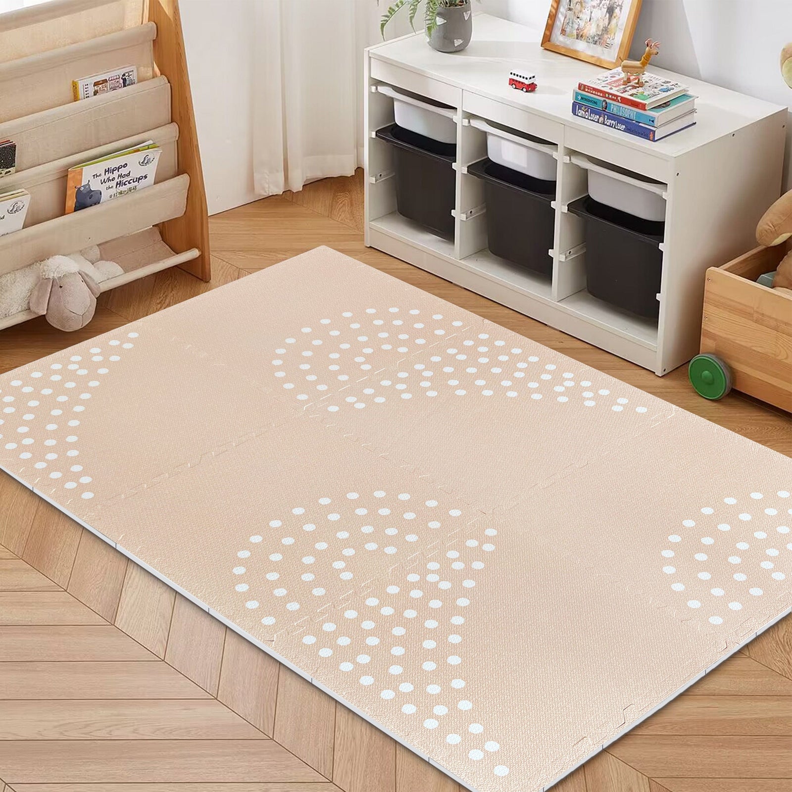 MeowBaby Foam Puzzle Mat in the Dots pattern laid out on a nursery floor next to a bookshelf and toy storage