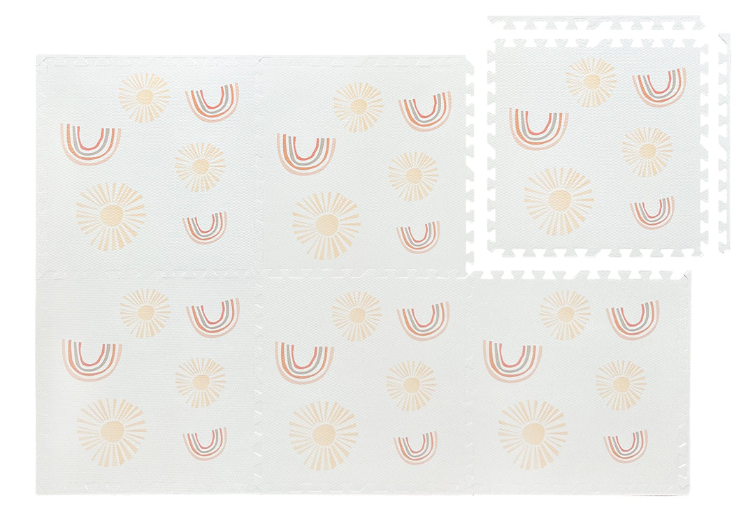 MeowBaby Foam Puzzle Mat in the Rainbow and Sun pattern, six interlocking white EVA foam pieces laid flat