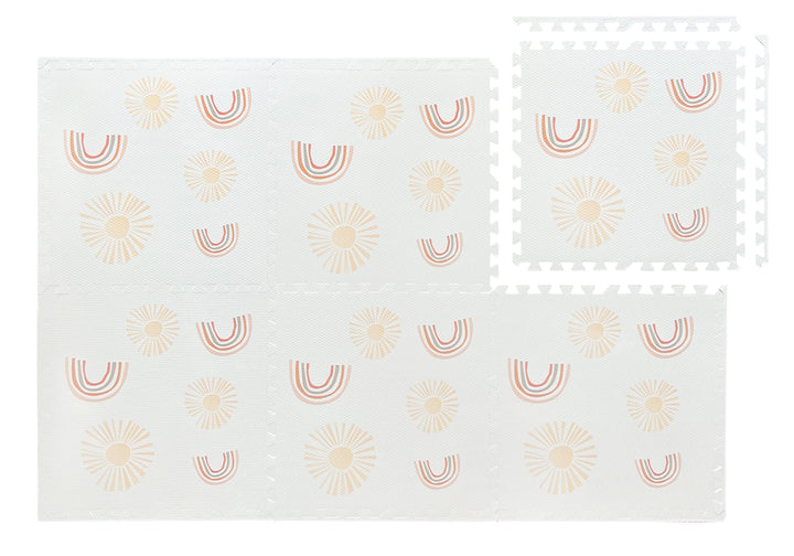 MeowBaby Foam Puzzle Mat in the Rainbow and Sun pattern, six interlocking white EVA foam pieces laid flat