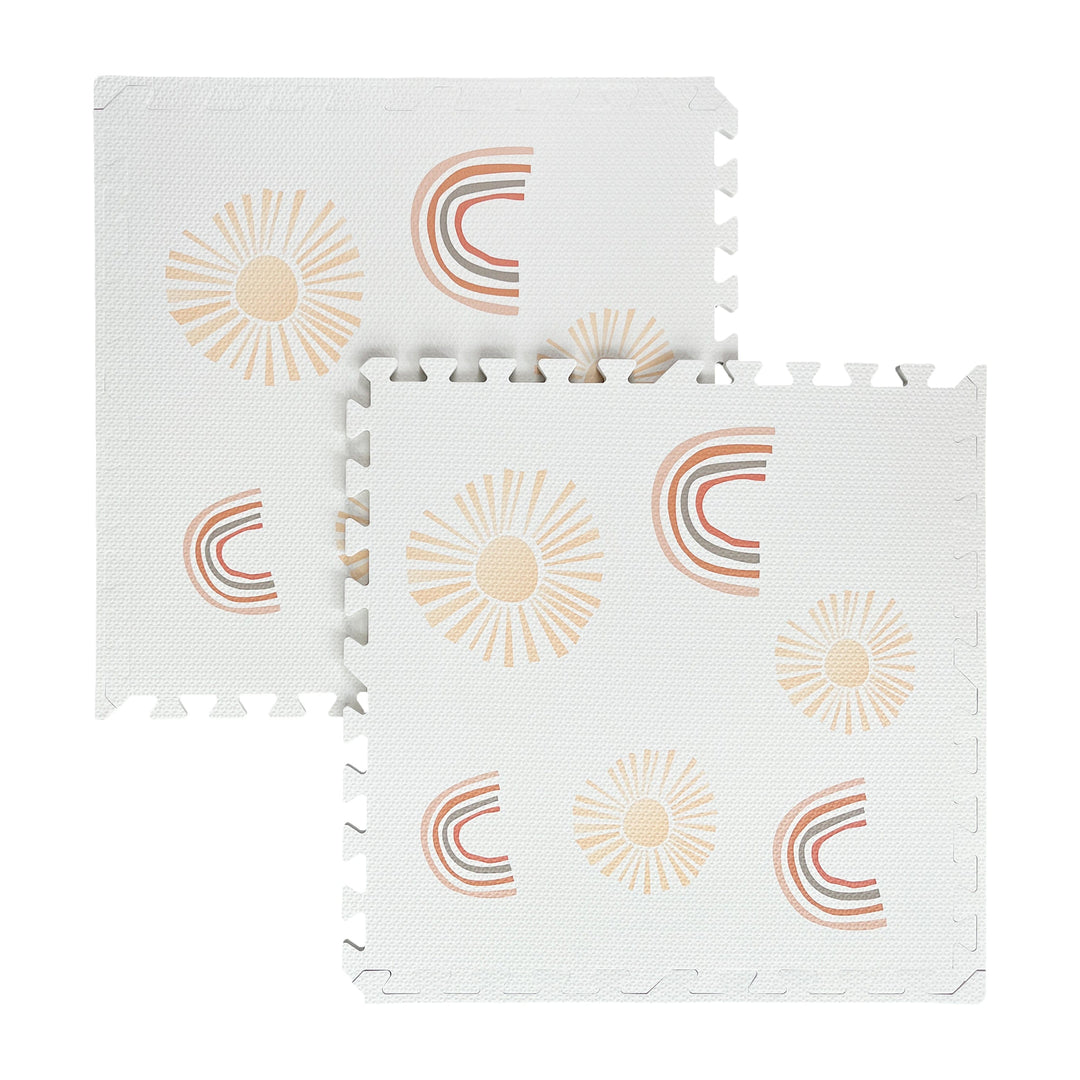 Two MeowBaby Foam Puzzle Mat pieces in the Rainbow and Sun pattern shown separated