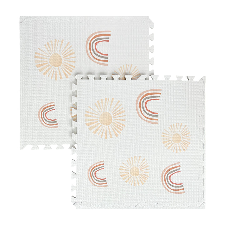 Two MeowBaby Foam Puzzle Mat pieces in the Rainbow and Sun pattern shown separated