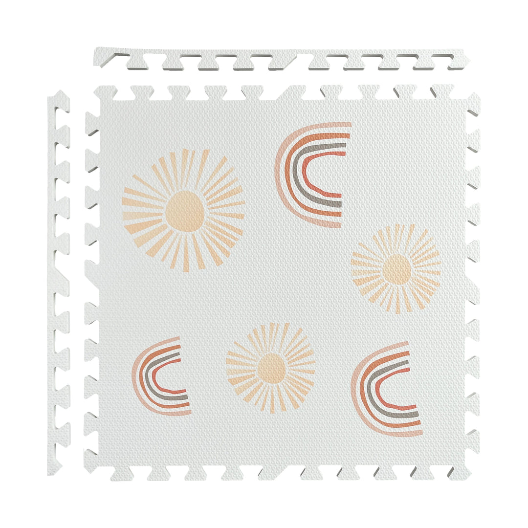 MeowBaby Foam Puzzle Mat in the Rainbow and Sun pattern, a single white EVA foam tile with a terracotta rainbow and sun print