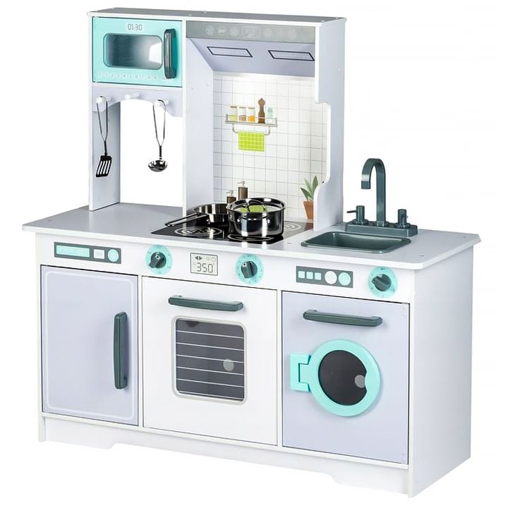 MeowBaby Grey &amp; Teal Wooden Play Kitchen, front view with hanging utensils above the hob