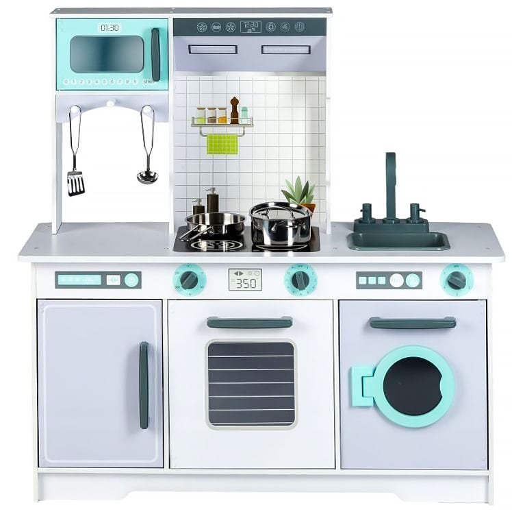 MeowBaby Grey & Teal Wooden Play Kitchen, straight-on front view showing microwave, hob, sink and washing machine
