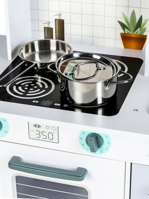 Close-up of the MeowBaby Grey &amp; Teal Wooden Play Kitchen hob with a pan and pot