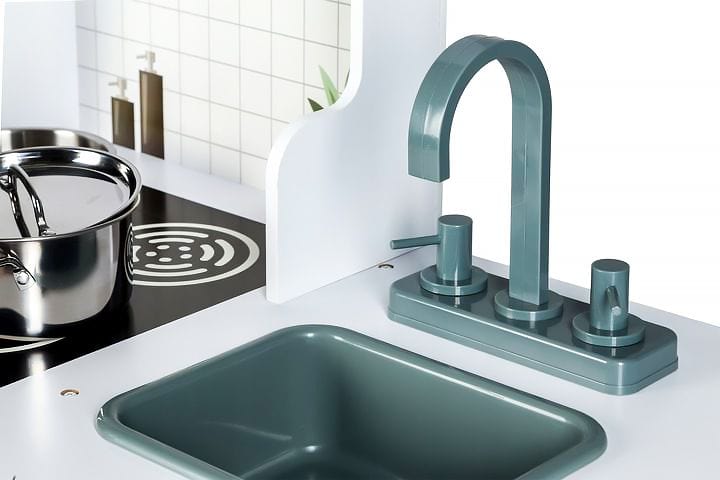 Close-up of the MeowBaby Grey &amp; Teal Wooden Play Kitchen sink and tap