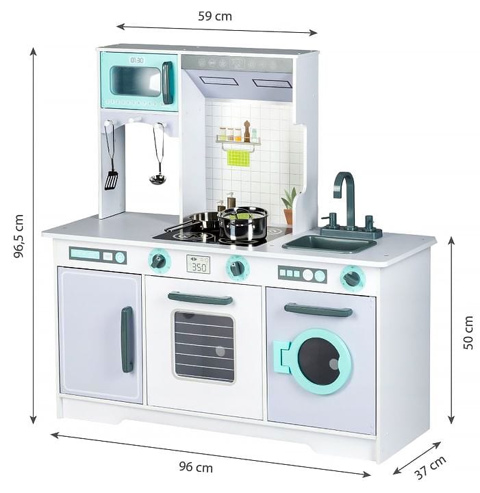 MeowBaby Grey &amp; Teal Wooden Play Kitchen dimensions diagram: 96.5cm high, 96cm wide, 37cm deep