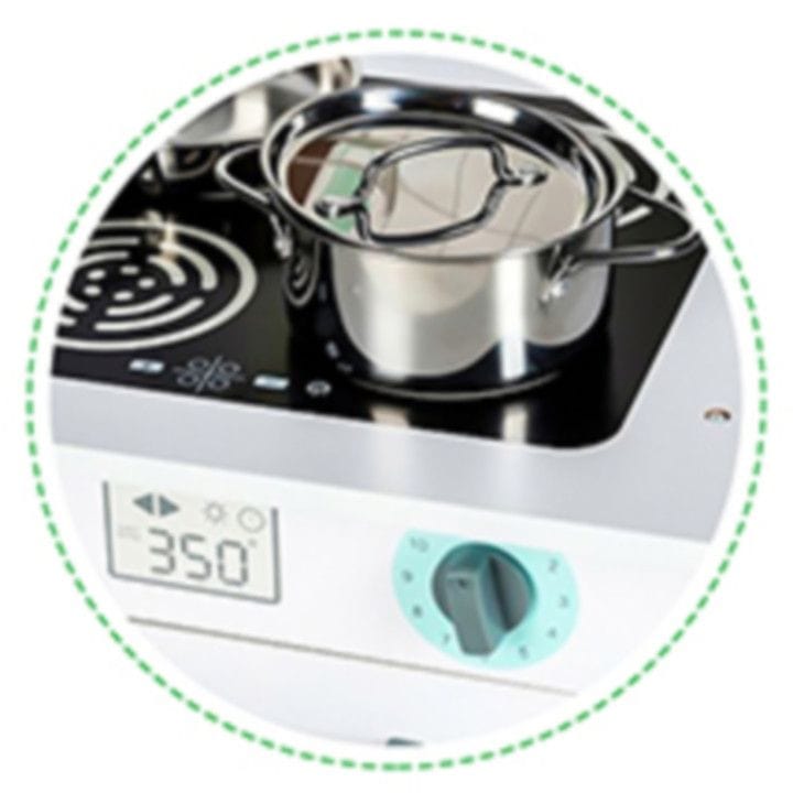 Close-up detail of the MeowBaby Grey &amp; Teal Wooden Play Kitchen hob dial and pot