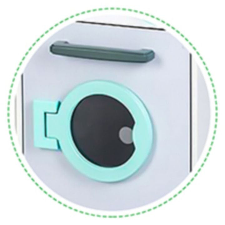 Close-up detail of the MeowBaby Grey &amp; Teal Wooden Play Kitchen washing machine door