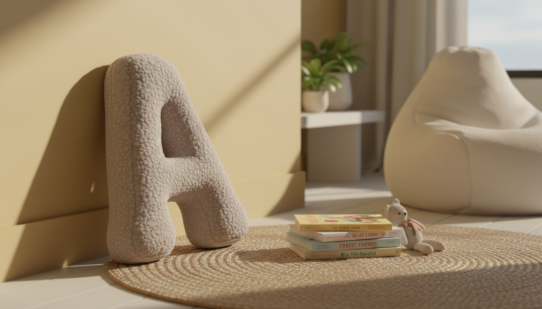 MeowBaby Light Gray Teddy Letter Cushion in a reading nook beside picture books