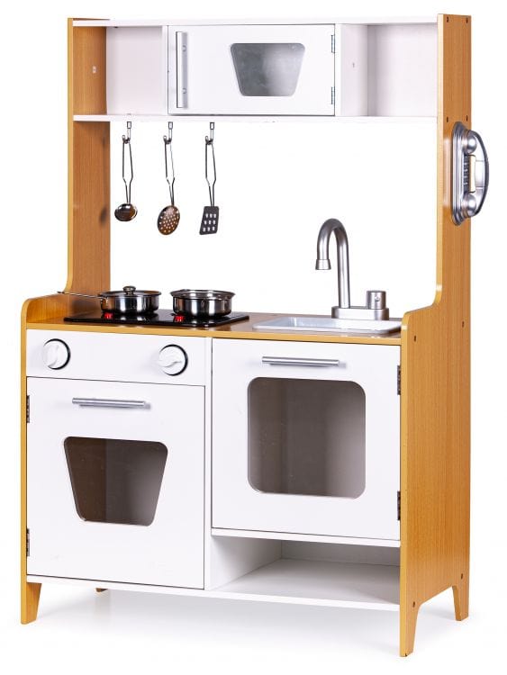 MeowBaby Natural & White Wooden Play Kitchen, front view with hanging utensils above the hob