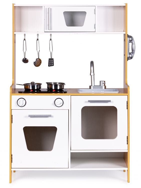 MeowBaby Natural &amp; White Wooden Play Kitchen, straight-on front view showing sink, hob and oven doors