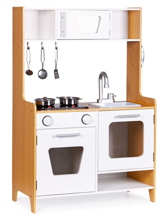 MeowBaby Natural &amp; White Wooden Play Kitchen, angled three-quarter view showing depth and side dial detail