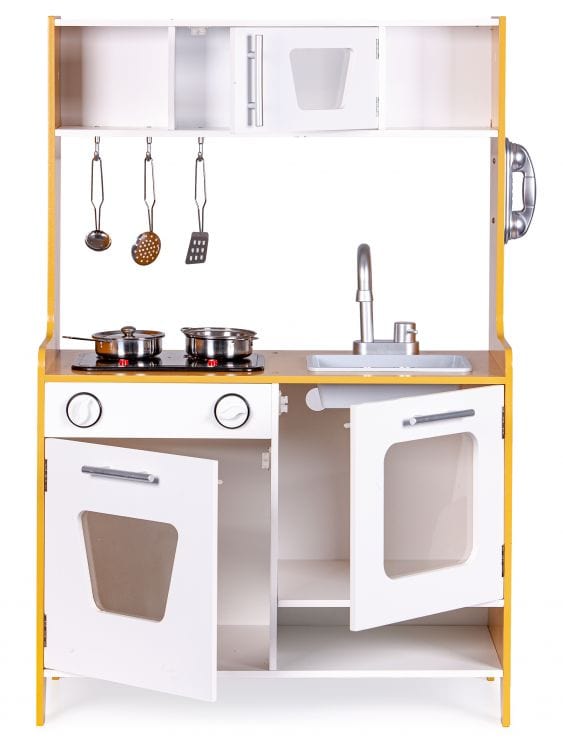MeowBaby Natural &amp; White Wooden Play Kitchen, angled view with both lower cabinet doors open