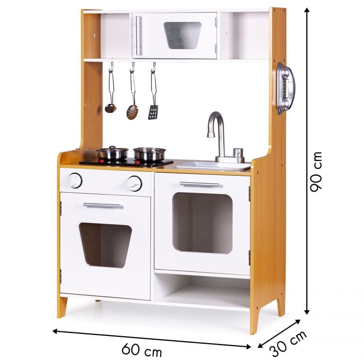 MeowBaby Natural &amp; White Wooden Play Kitchen dimensions diagram: 90cm high, 60cm wide, 30cm deep