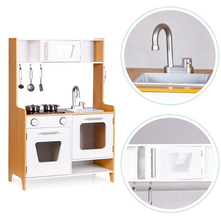 MeowBaby Natural &amp; White Wooden Play Kitchen with close-up detail of the sink and upper cabinet door