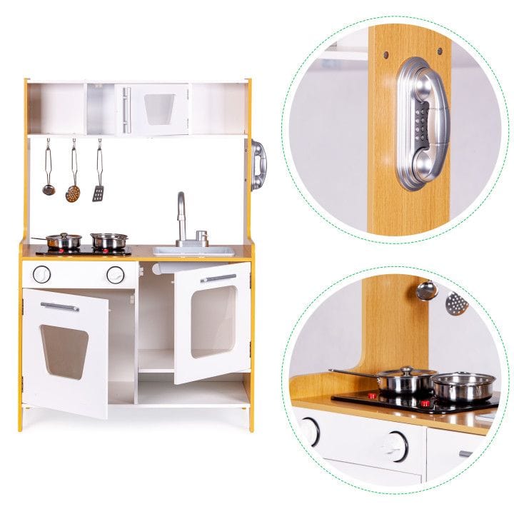 MeowBaby Natural &amp; White Wooden Play Kitchen with close-up detail of the side dial and lit hob