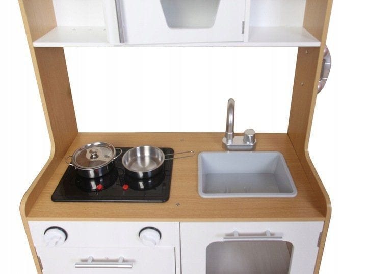 MeowBaby Natural &amp; White Wooden Play Kitchen close-up of the hob with pots and the sink