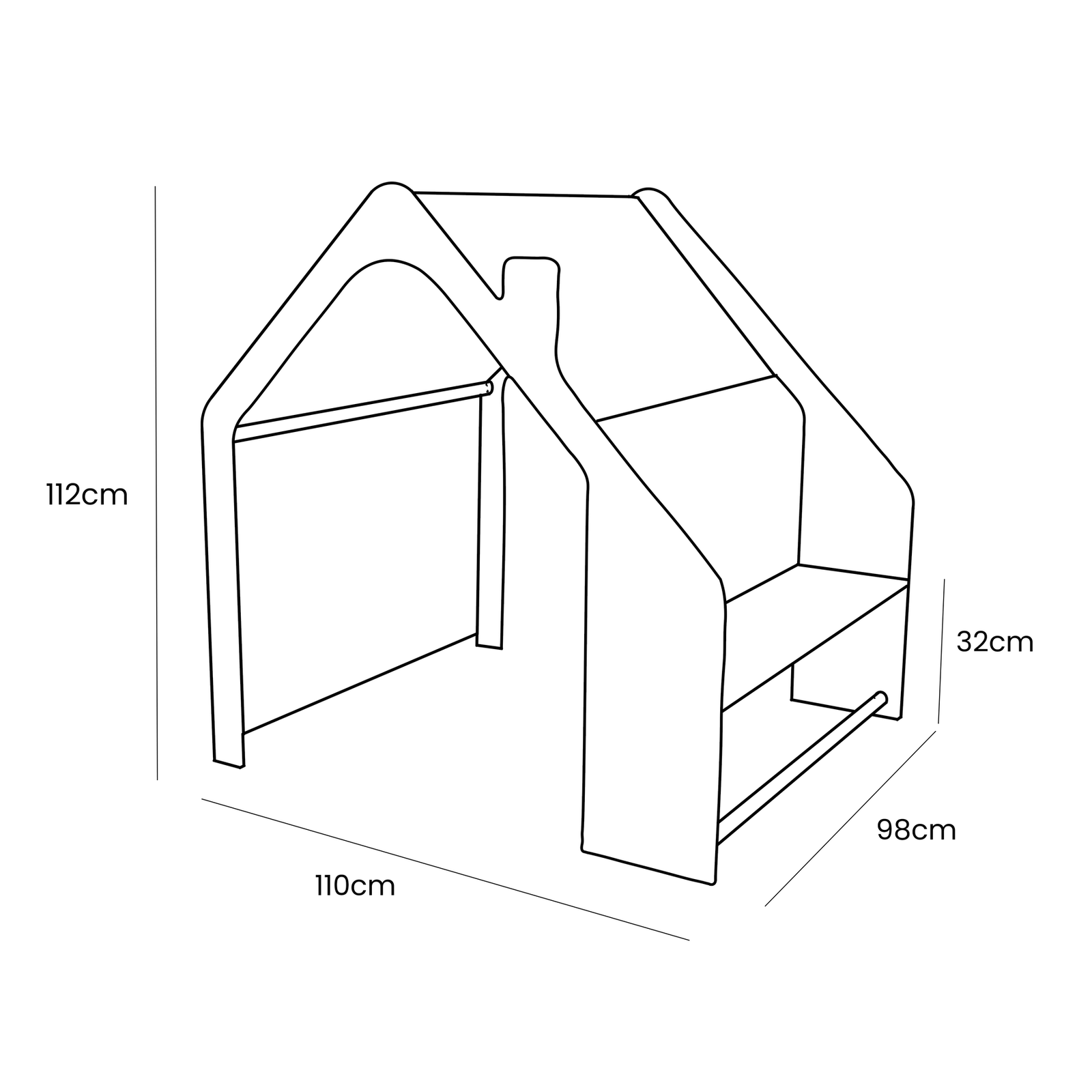 Dimensions diagram: 110cm wide, 98cm deep, 112cm tall, 32cm bench height