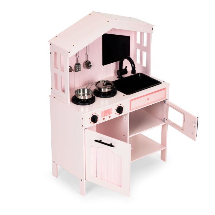 MeowBaby Pink Cottage Wooden Play Kitchen, angled view with cabinet door open