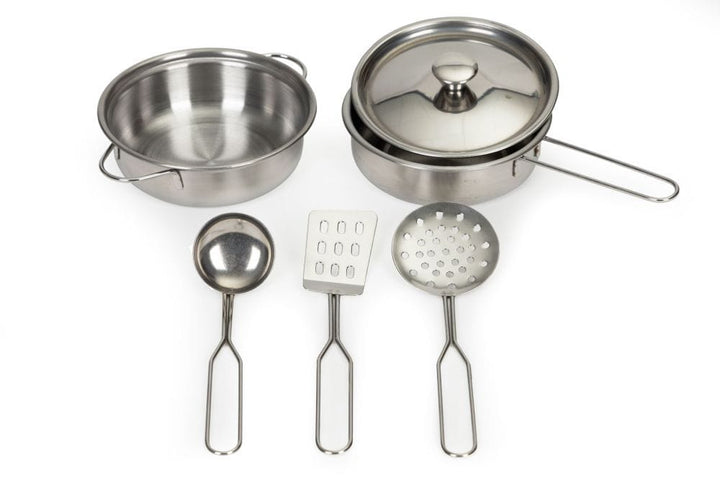 MeowBaby Pink Cottage Wooden Play Kitchen accessories: pot, frying pan with lid, spatula, strainer and pasta spoon