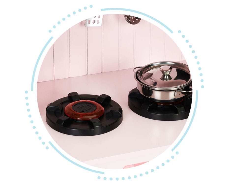 Close-up of the MeowBaby Pink Cottage Wooden Play Kitchen hob with a pot