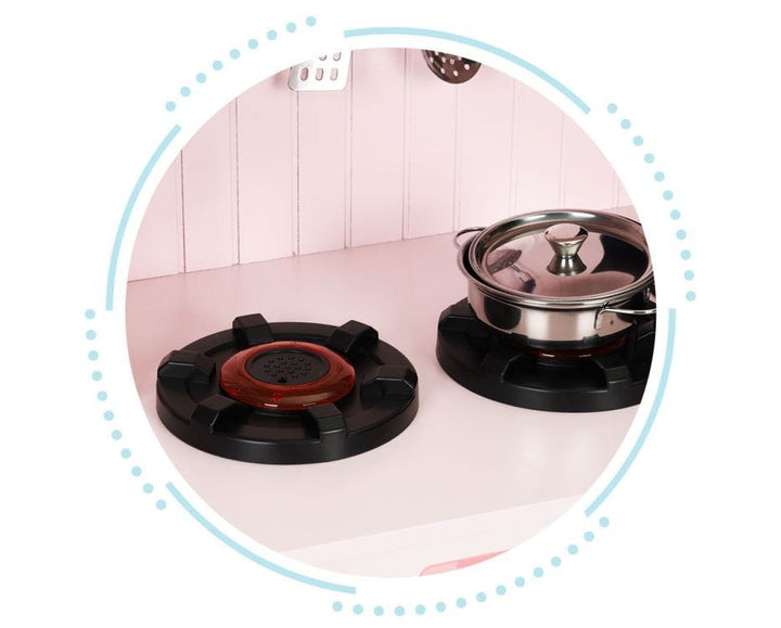 Close-up of the MeowBaby Pink Cottage Wooden Play Kitchen hob with a pot