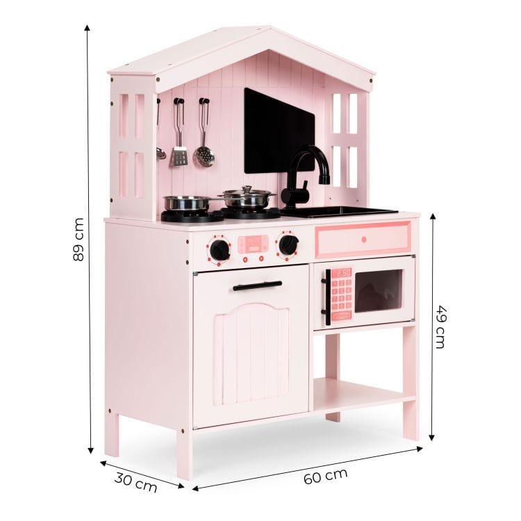 MeowBaby Pink Cottage Wooden Play Kitchen dimensions diagram: 89cm high, 60cm wide, 30cm deep