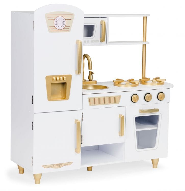 MeowBaby White & Gold Wooden Play Kitchen, front view with fridge column and gold hardware